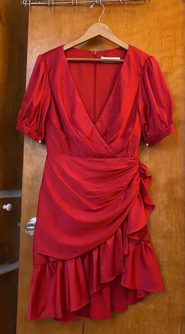 Mac Duggal Ieena Short Puff Sleeve Faux Wrap Dress Red Satin Mini Party Sz 4
